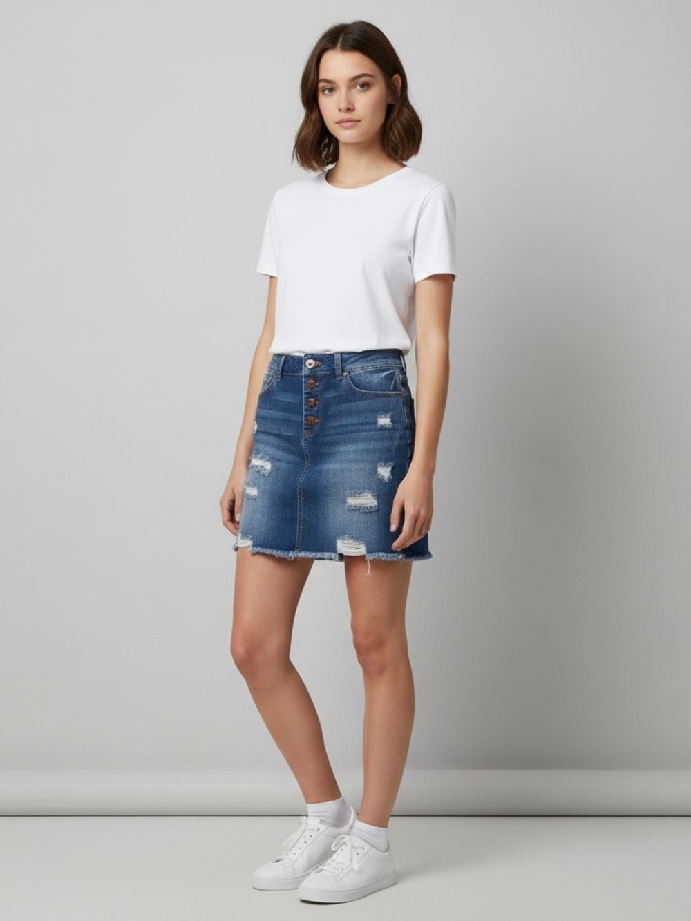 Classic Blue Distressed Denim Mini Skirt - Women
